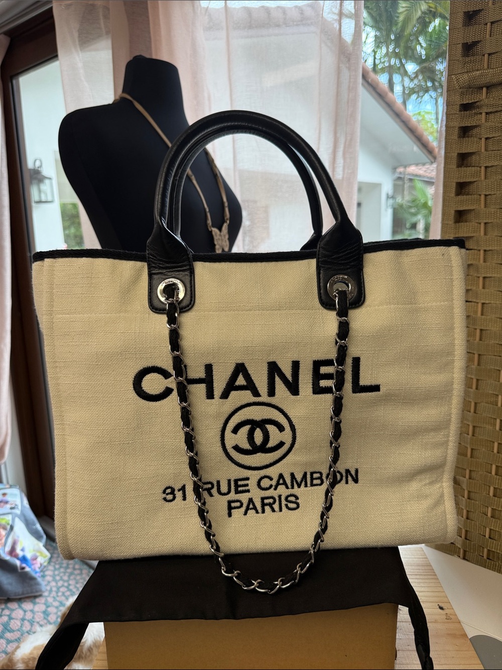 Ivory and Black Canvas Tote with Chain-Detail Handles